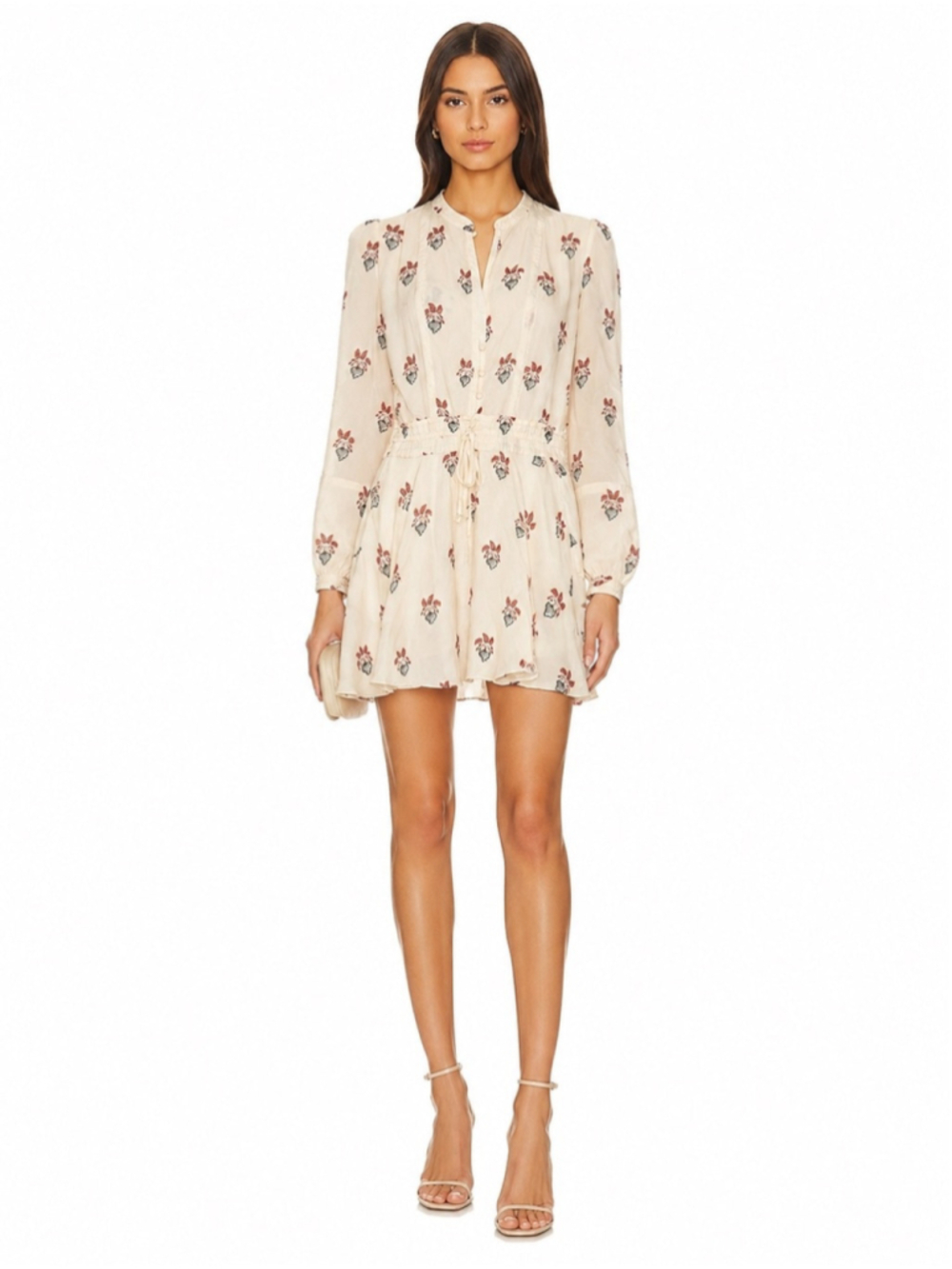 A.L.C. Silk Cream Floral Long-Sleeve Mini Dress